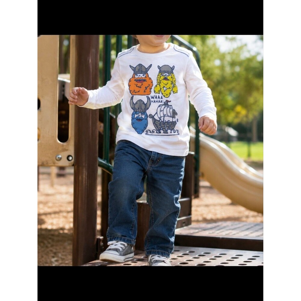 NWT White Viking Monster L/S Tee 3T Cartoon Graphic Nordic Fandom Playful